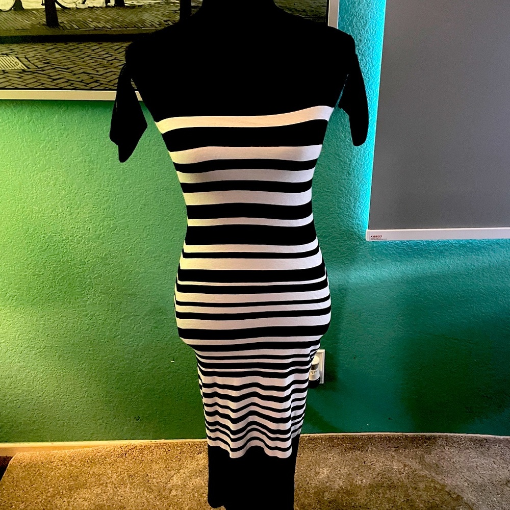 Form fitting stripped off the shoulder dress
